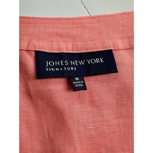 Jones New York Signature 100% Linen Blouse Womens M Pink Salmon Sleeves Pocket - Picture 11 of 13
